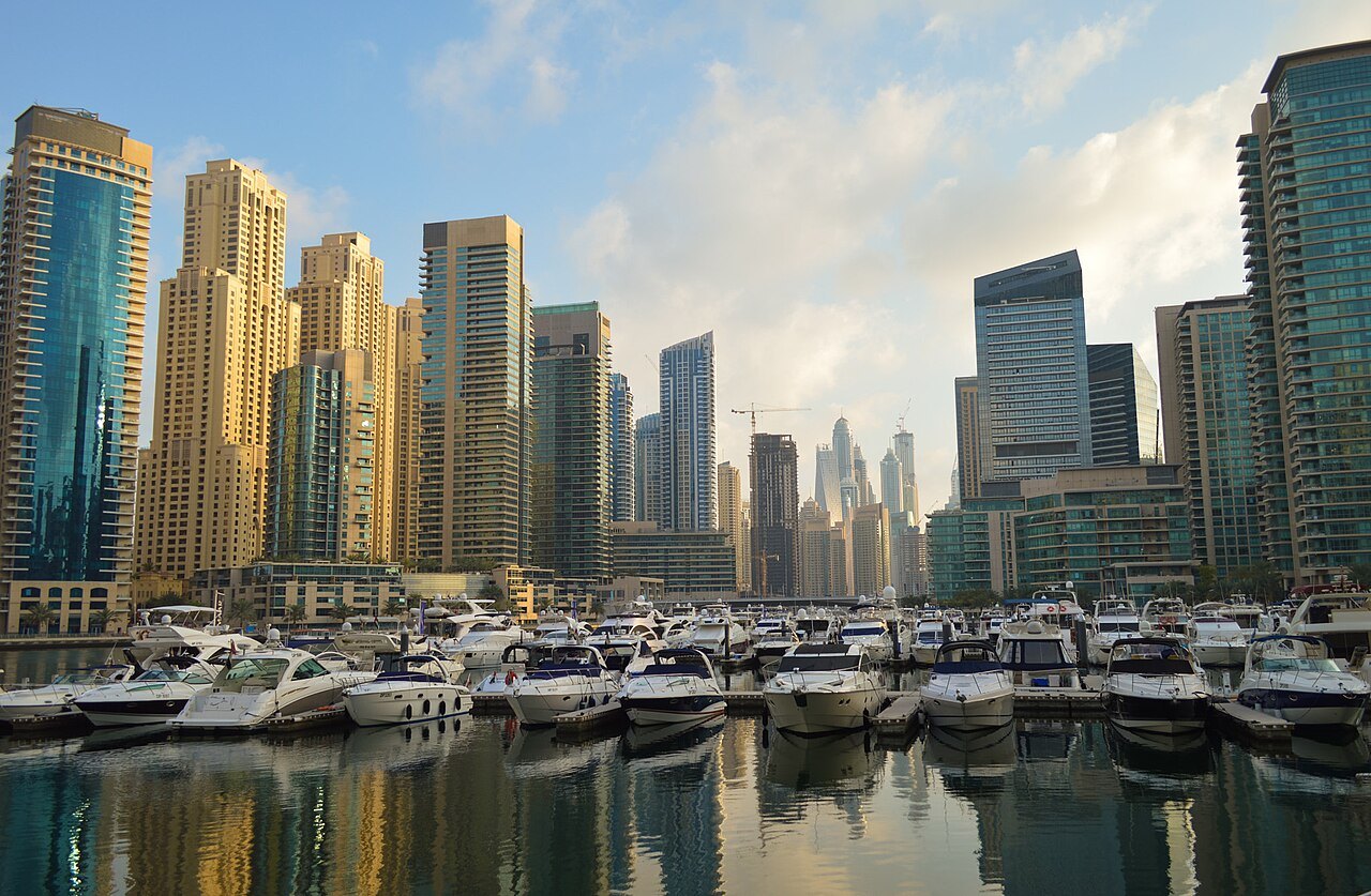 Boats and residential towers in Dubai Marina