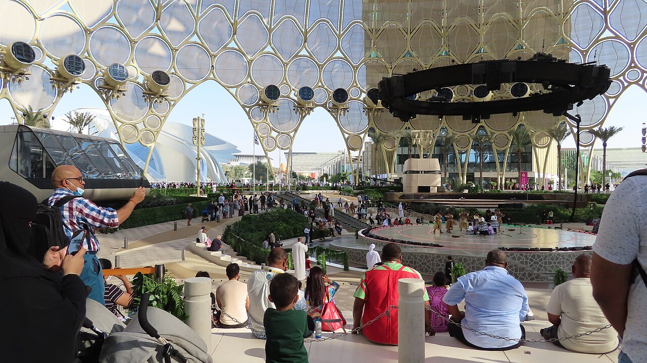 Visitors beneath Al Wasl Plaza dome at Expo Dubai